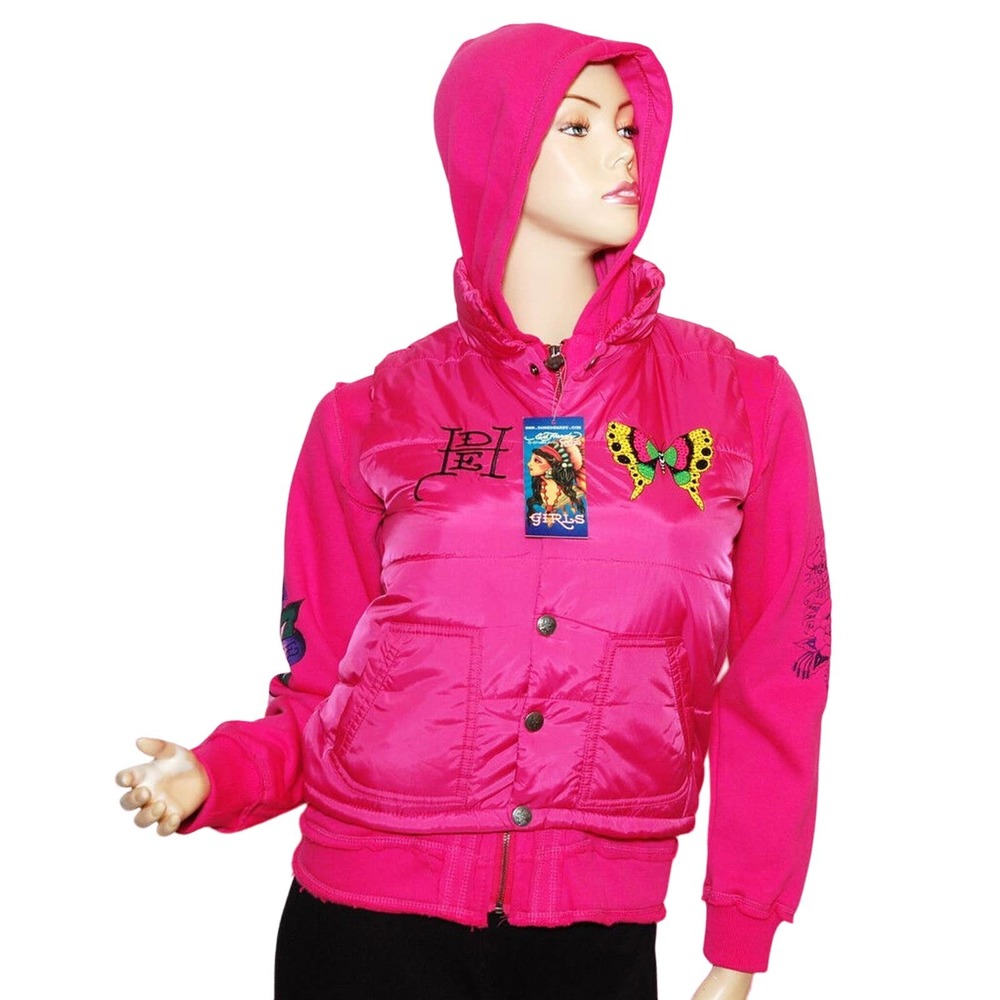 Ed Hardy Girls Nylon/Cotton Butterfly Hoodie Jacket Vest Top Hot Pink L (12) Nwt